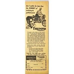 Triumph Motorcycle "Don't Settle for less Performance" Vintage Print Ad 1962